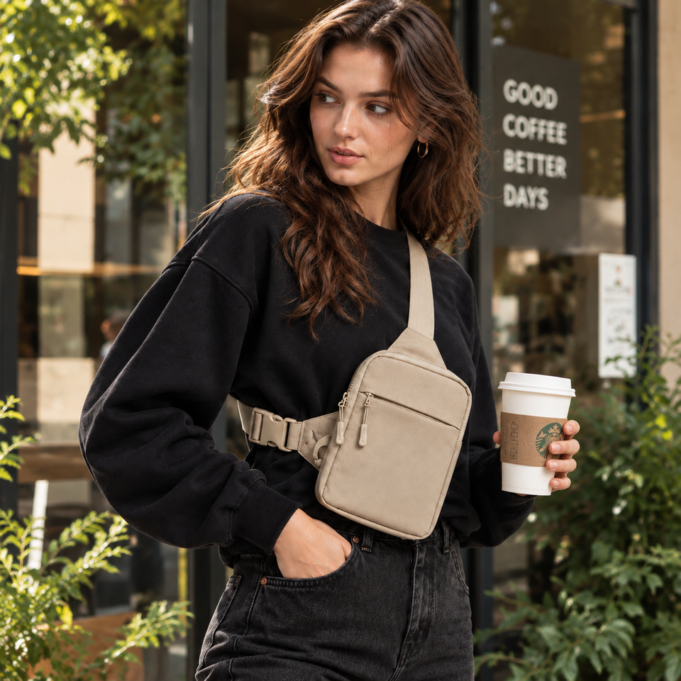 Norevix Crossbody Bag 2.0 in Beige, von vorn im Alltag getragen