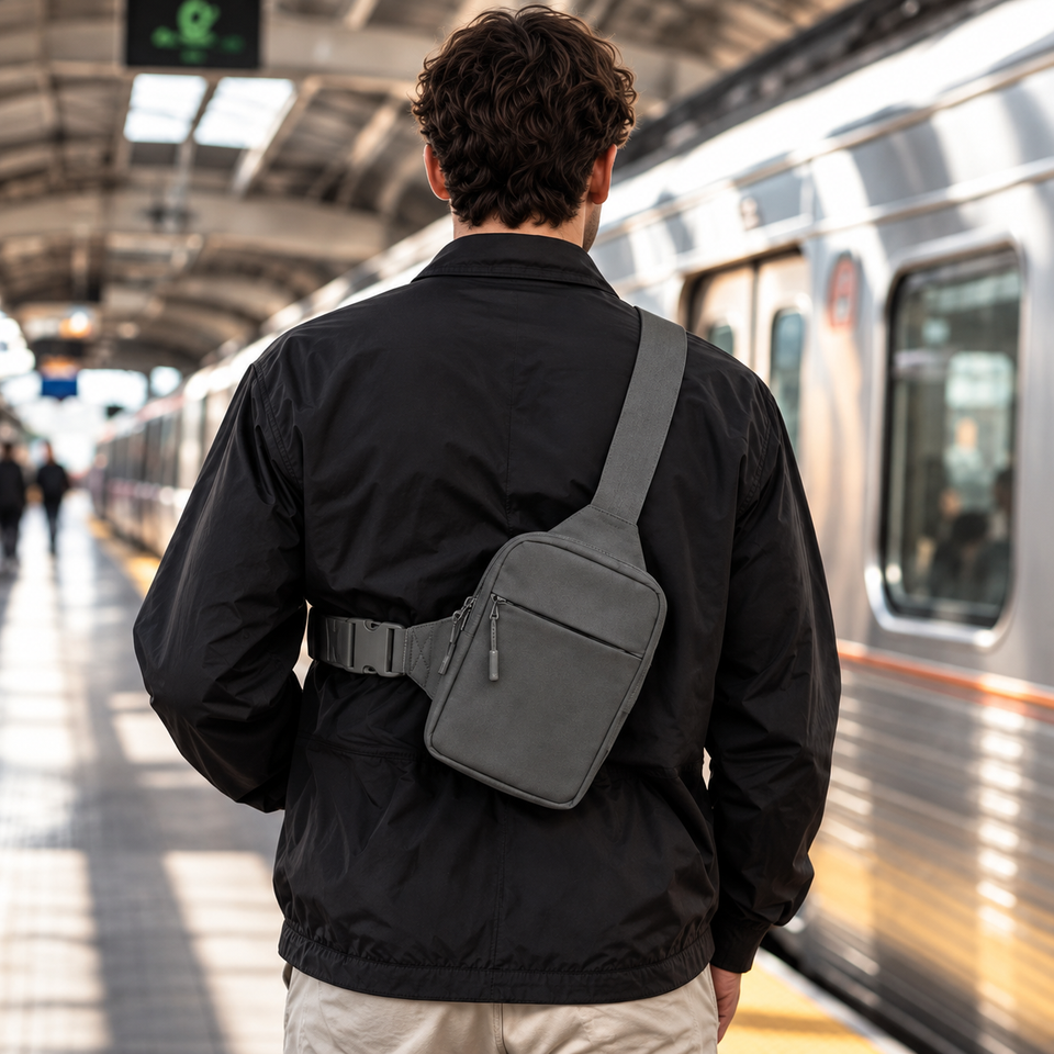 Norevix Crossbody Bag 2.0 in Grau, von hinten im Alltag getragen