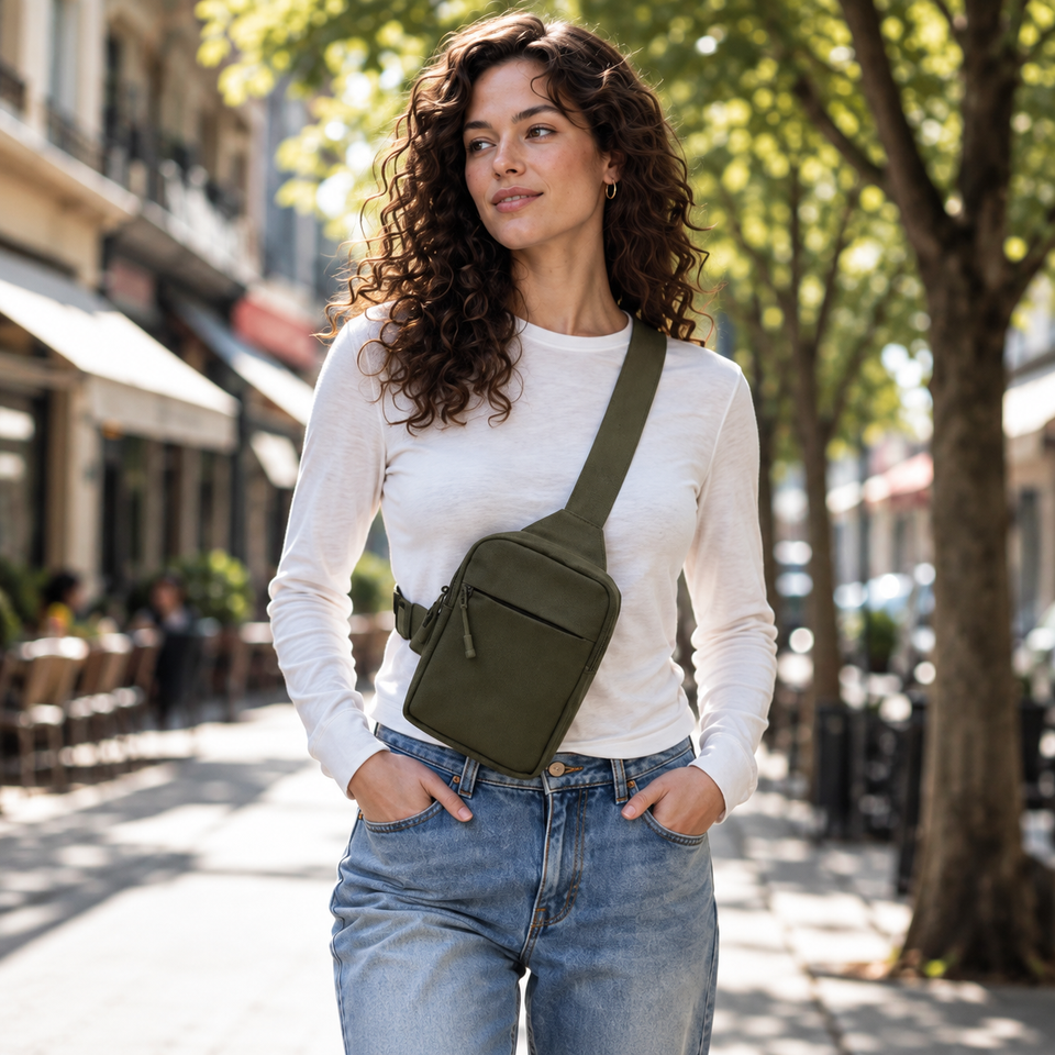 Norevix Crossbody Bag 2.0 in Olivgrün, von vorn im Alltag getragen