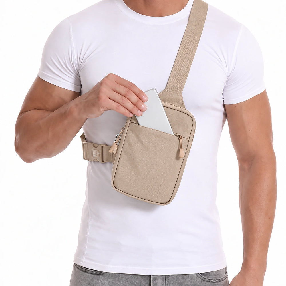 Crossbody Bag 2.0 Beige front lifestyle phone pocket