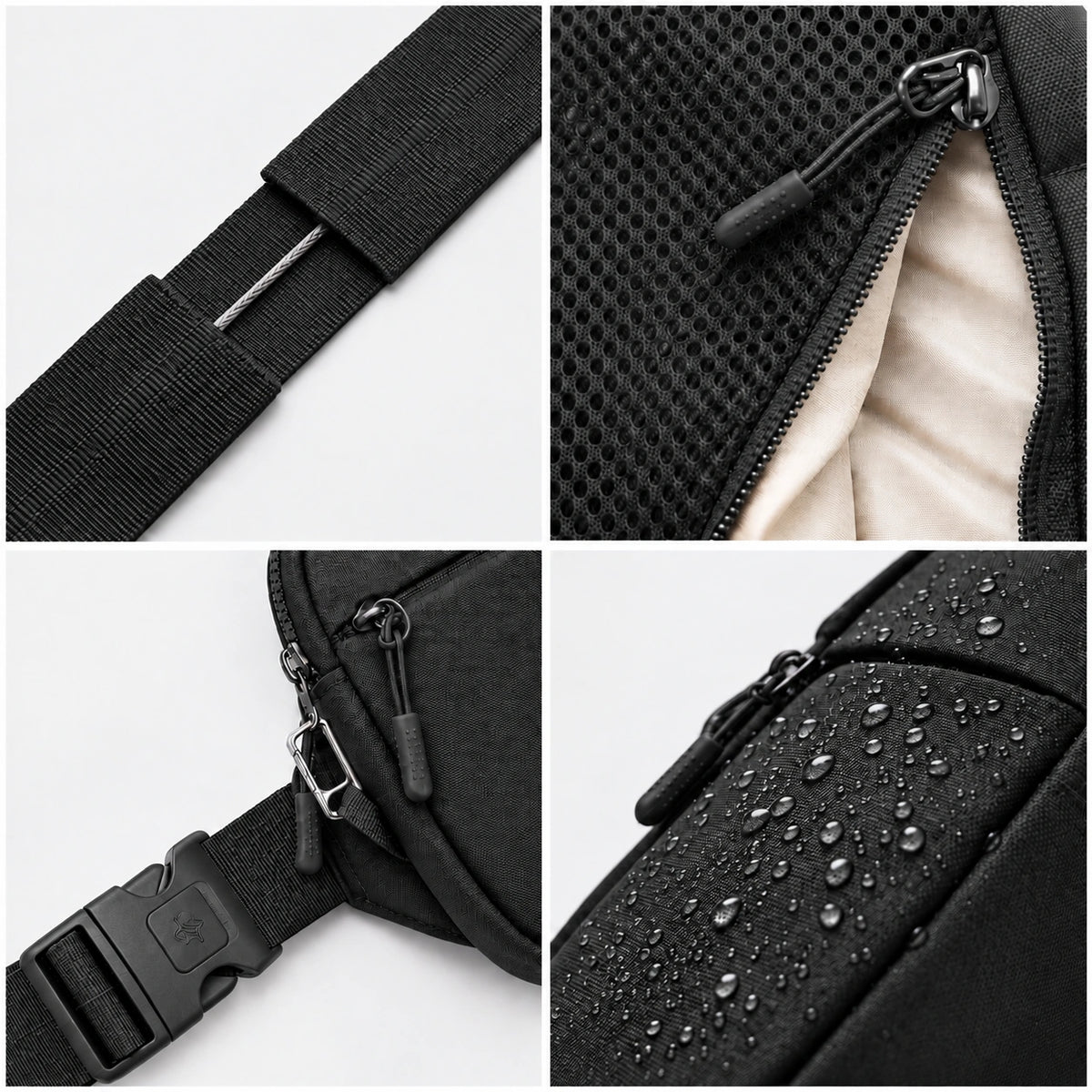 Details von Gurt, Reißverschluss, Netzmaterial und wasserabweisendem Stoff des schwarzen Crossbody Bag 2.0